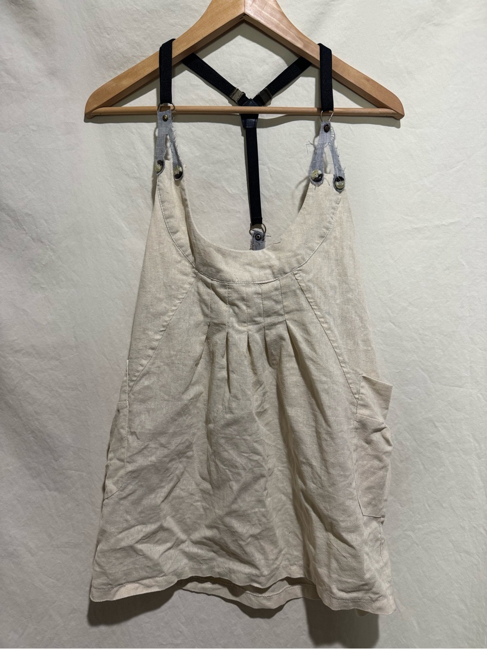 Women’s Cream Linen Blend Pinafore Dress with Black Adjustable Straps
